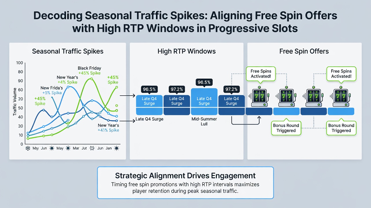 Infographic illustrating how free spin offers intersect with high RTP windows during seasonal traffic increases in progressive slot systems