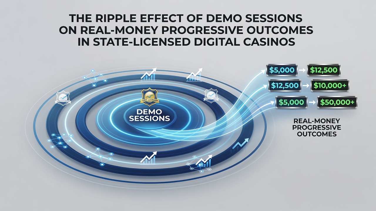 Infographic style representation of data flows from demo play sessions into real-money progressive jackpot contributions on mobile casino interfaces