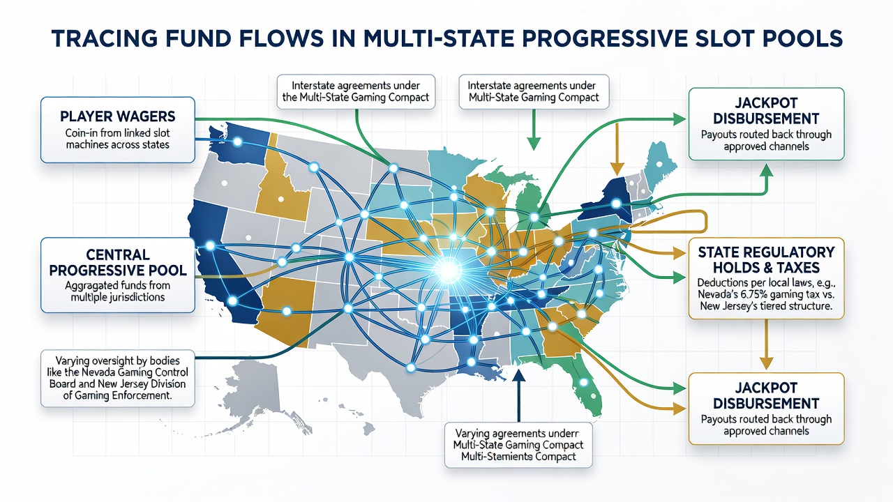 Detailed view of fund flow diagrams illustrating contribution tracking between Nevada, New Jersey, and Pennsylvania progressive networks
